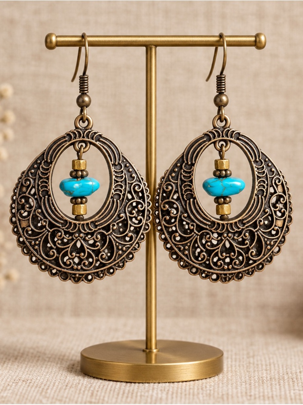 Fashion Jewelry Antique Gold Filigree Earrings with Turquoise Beads